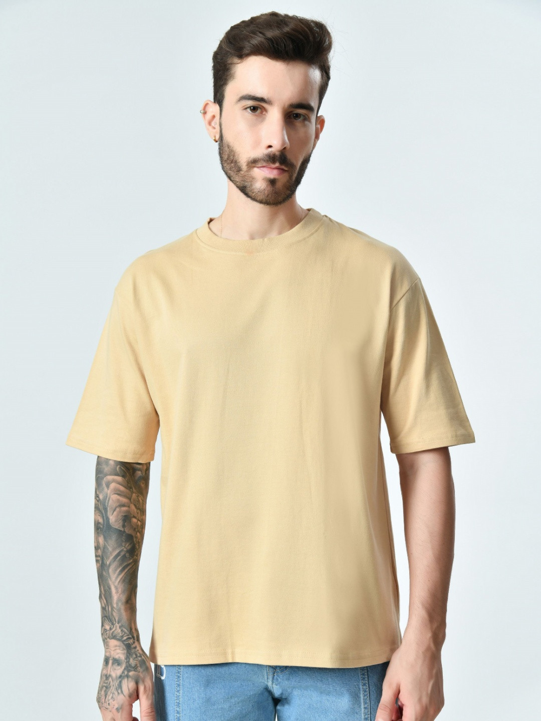 

EKSDEE Men Raw Edge T-shirt, Beige