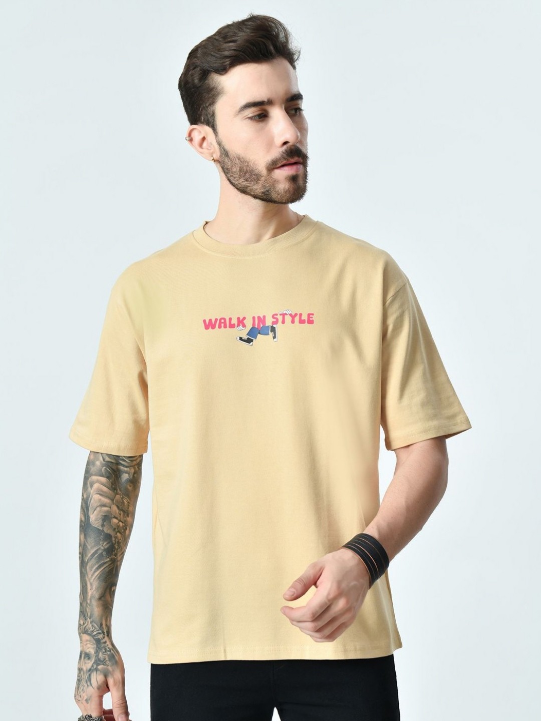

EKSDEE Men Typography Extended Sleeves T-shirt, Beige