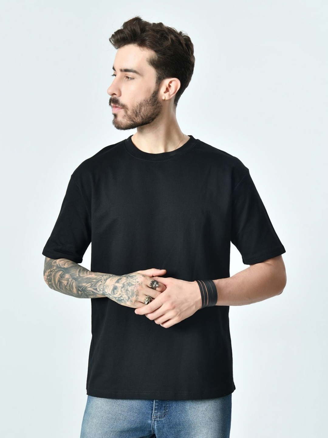 

EKSDEE Men Drop-Shoulder Sleeves Raw Edge T-shirt, Black