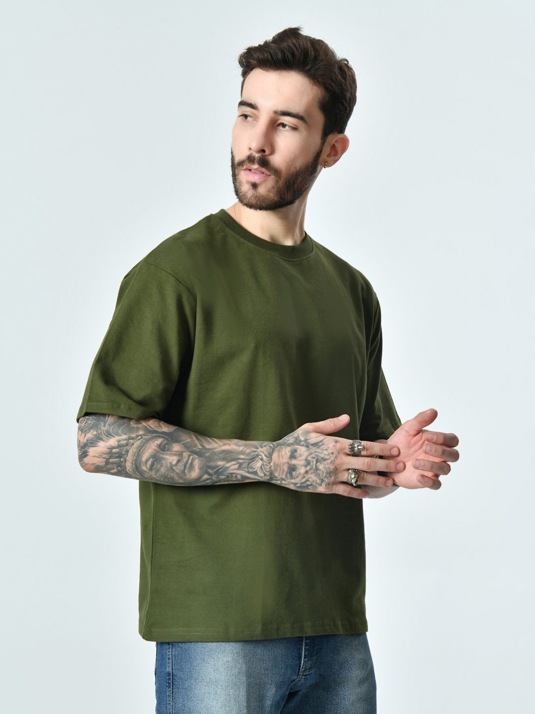 

EKSDEE Men Raw Edge T-shirt, Olive