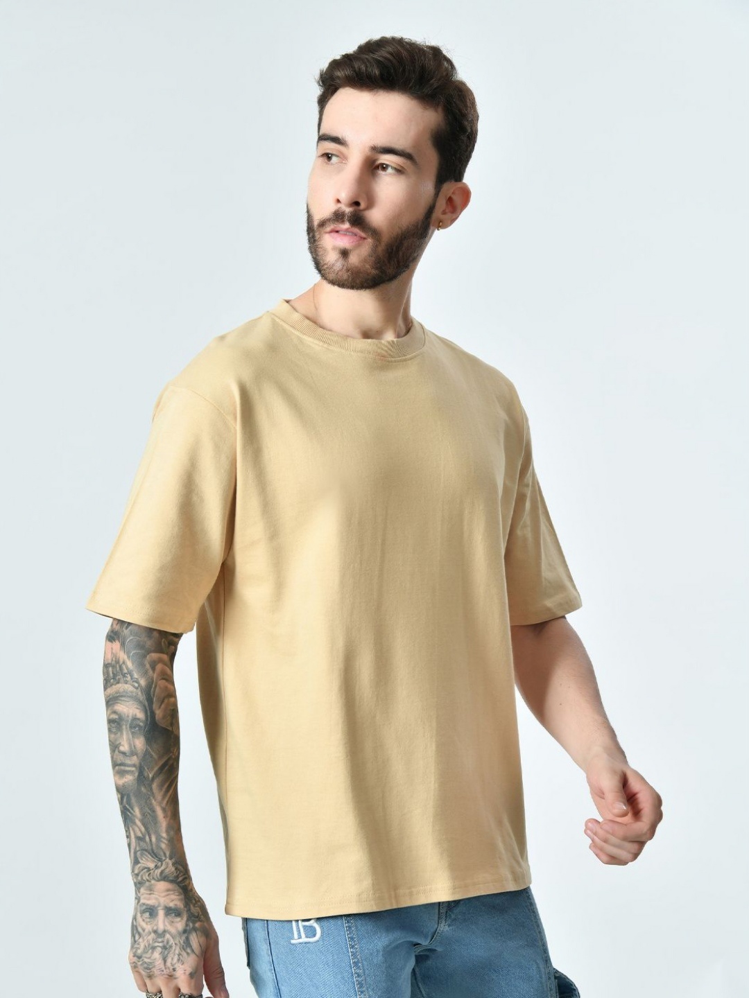 

EKSDEE Men Drop-Shoulder Sleeves Pockets T-shirt, Beige