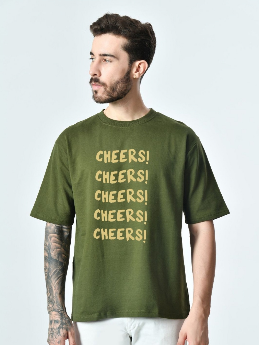 

EKSDEE Men Typography Printed Applique T-shirt, Olive