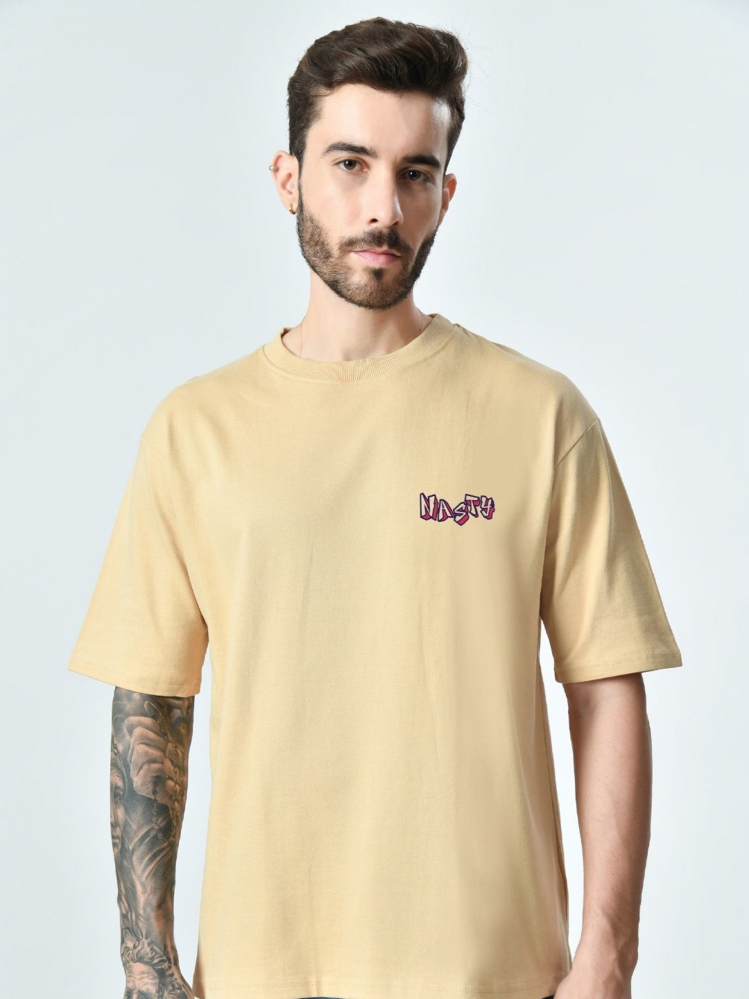 EKSDEE Men Typography Extended Sleeves Pockets T-shirt, Beige