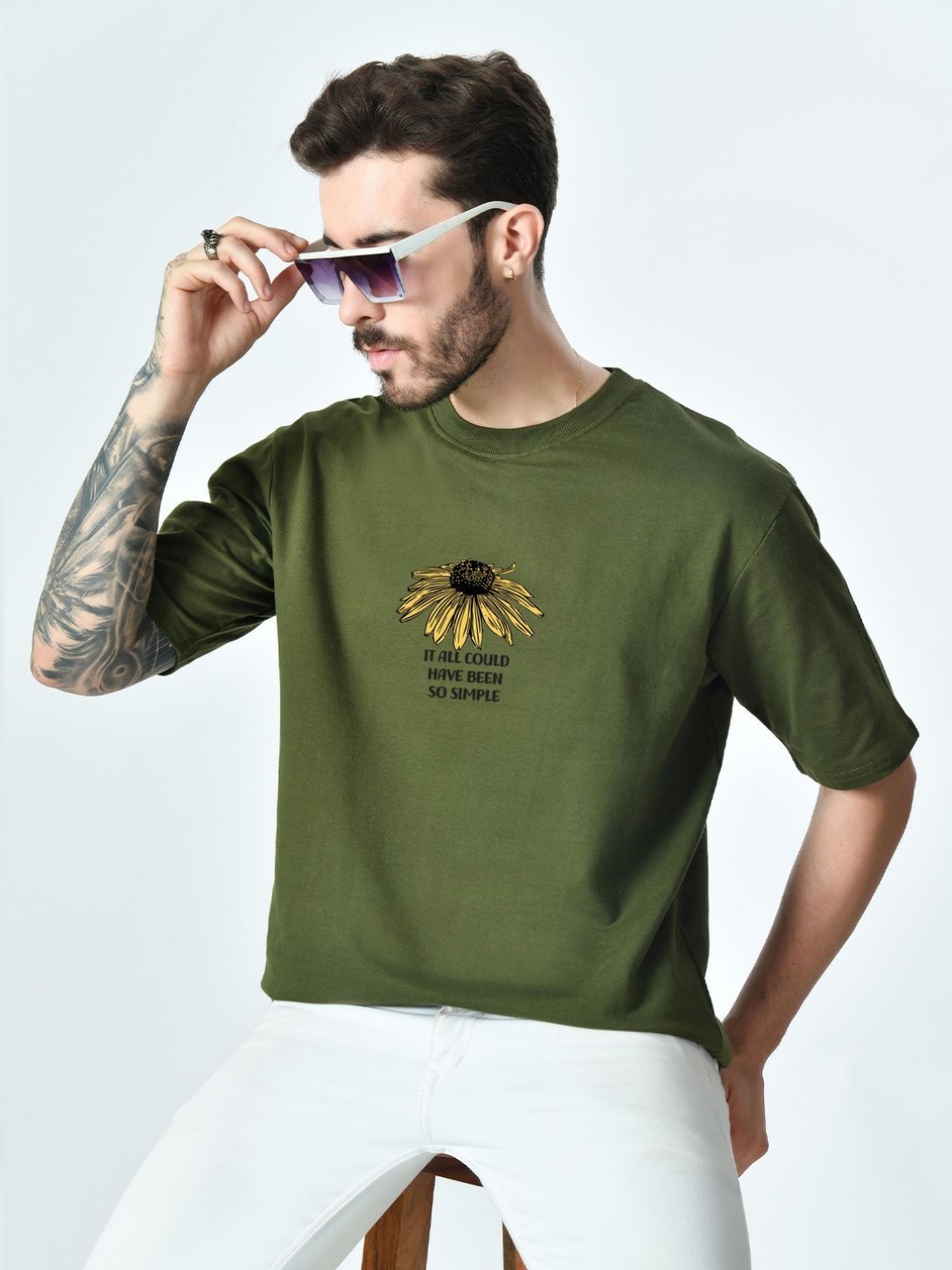 

EKSDEE Men Printed Applique T-shirt, Olive