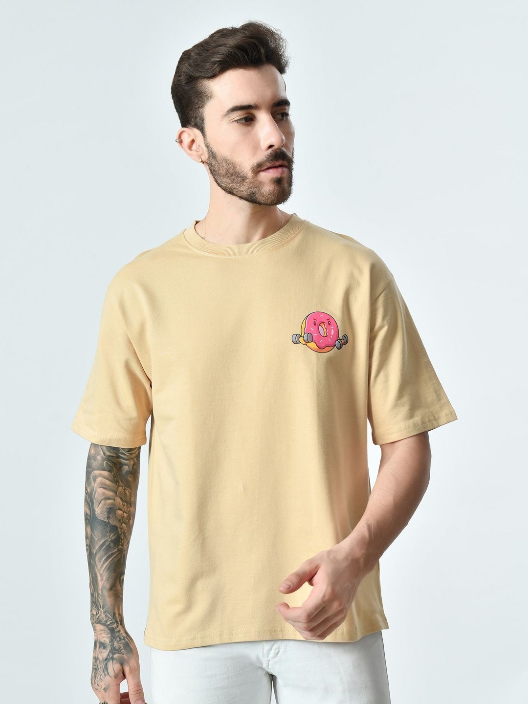 

EKSDEE Men Hooded Extended Sleeves Applique T-shirt, Beige