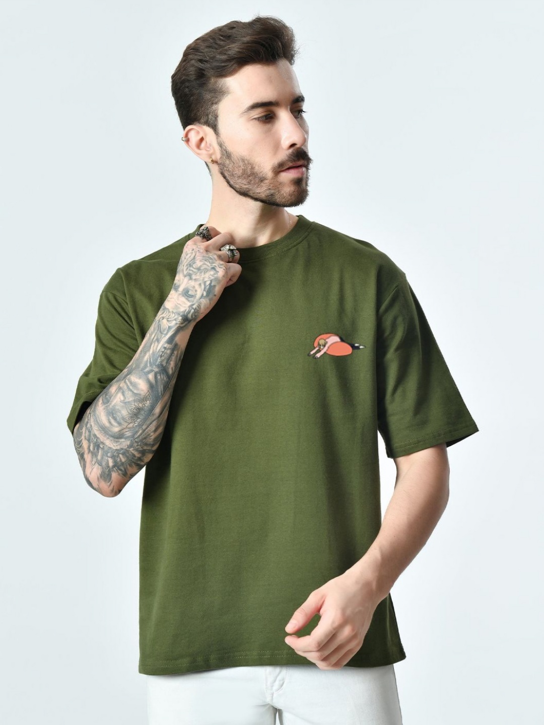 

EKSDEE Men Hooded Applique T-shirt, Olive