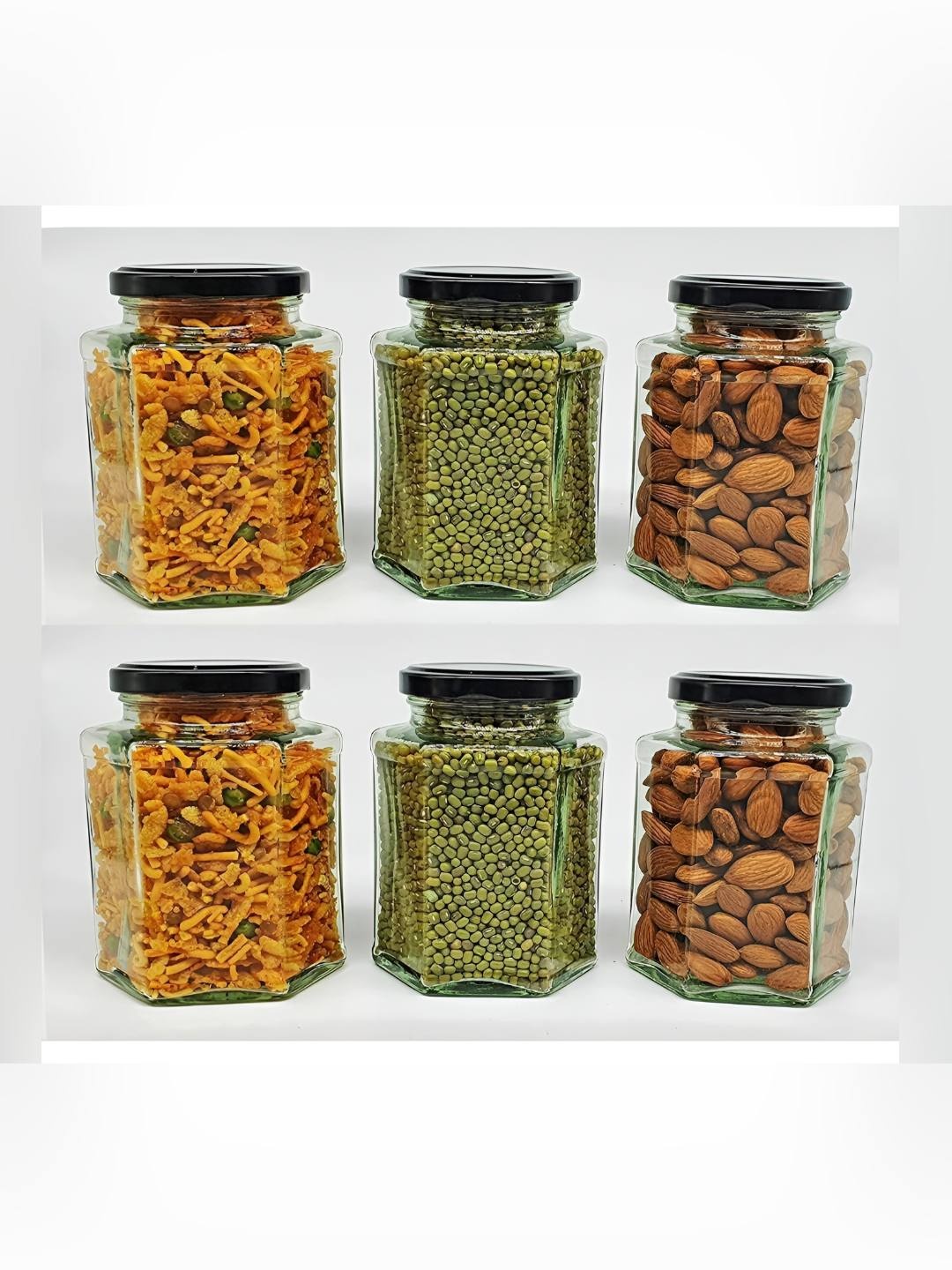 

tyche enterprises 6 Pcs Black & Transparent Hexa Shape Storage Glass Jars & Container- 25