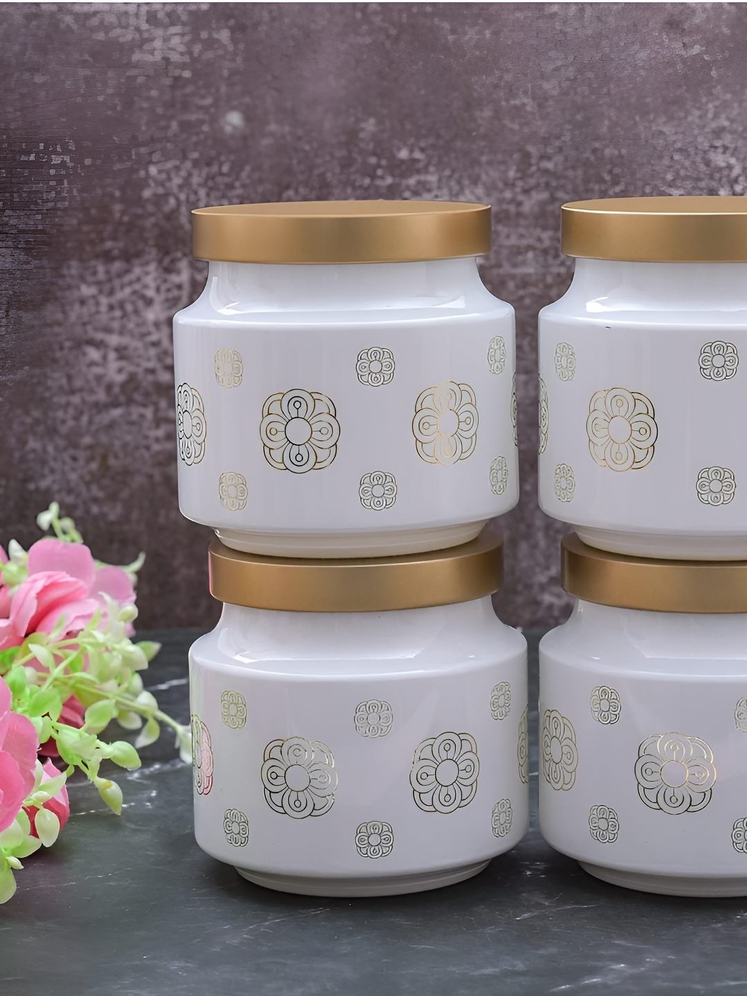 

tyche enterprises 4-Pcs White Printed Storage Jar
