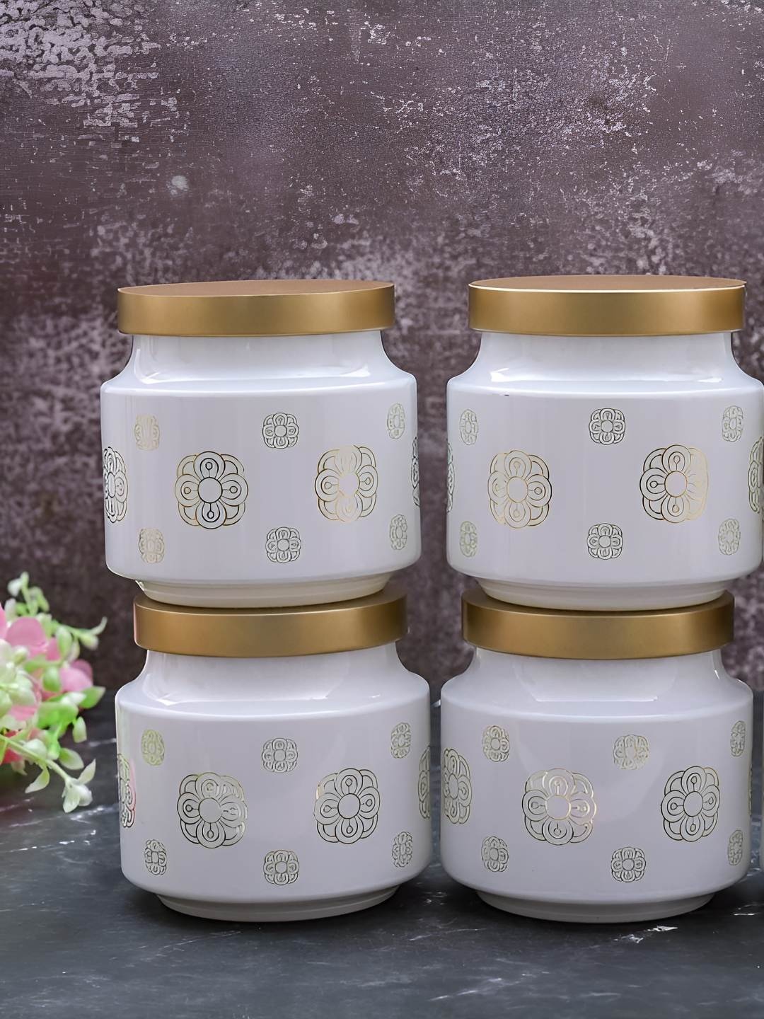 

tyche enterprises Set Of 6 White Printed Glass Container