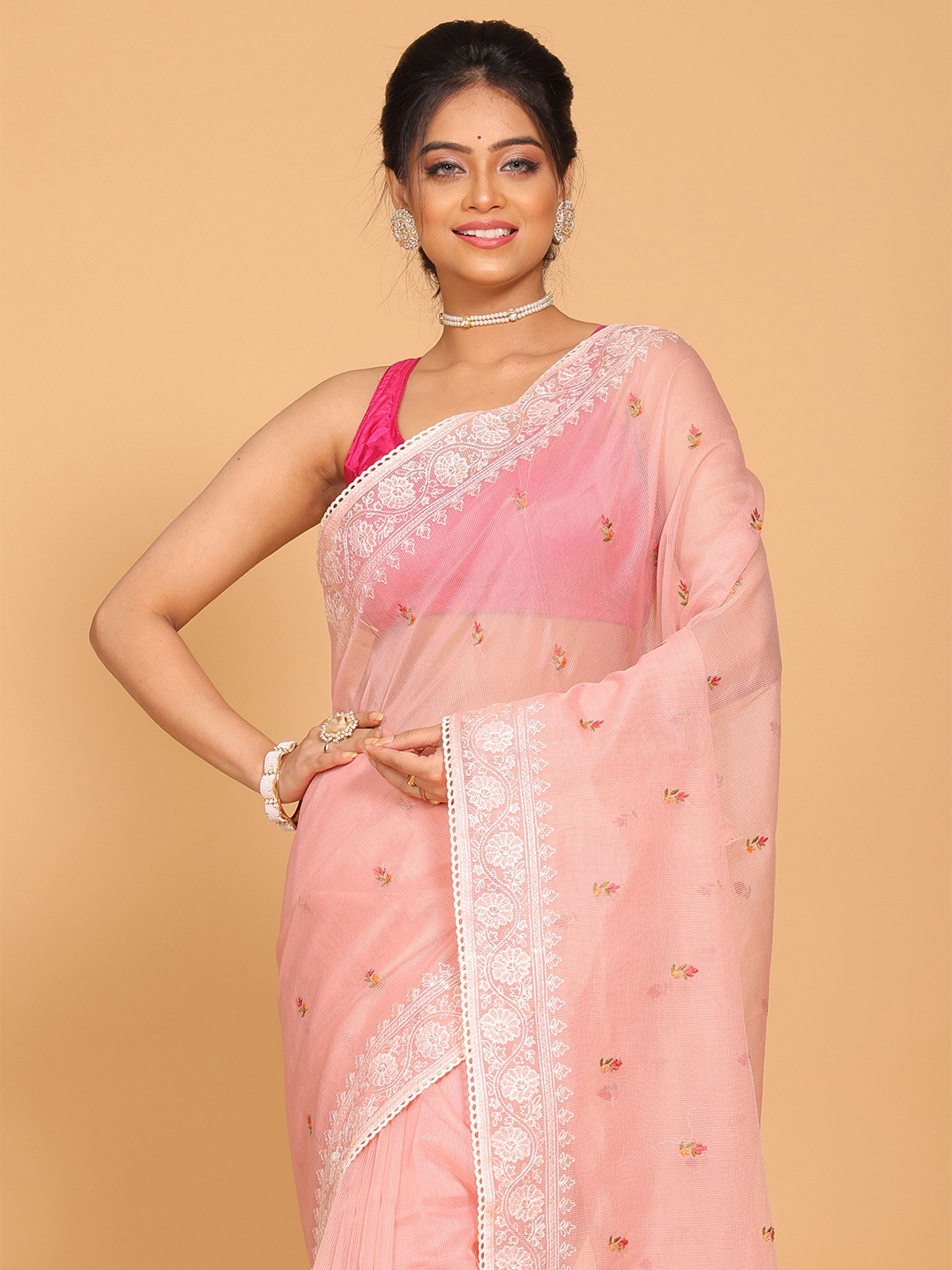 

Morchari Floral Embroidered Supernet Saree, Peach