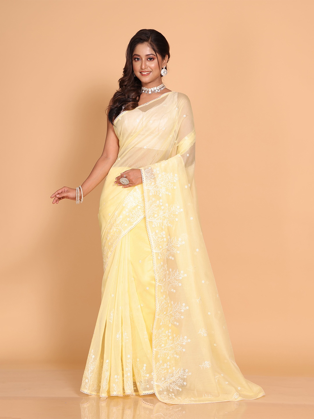 Morchari Floral Embroidered Supernet Saree, Yellow