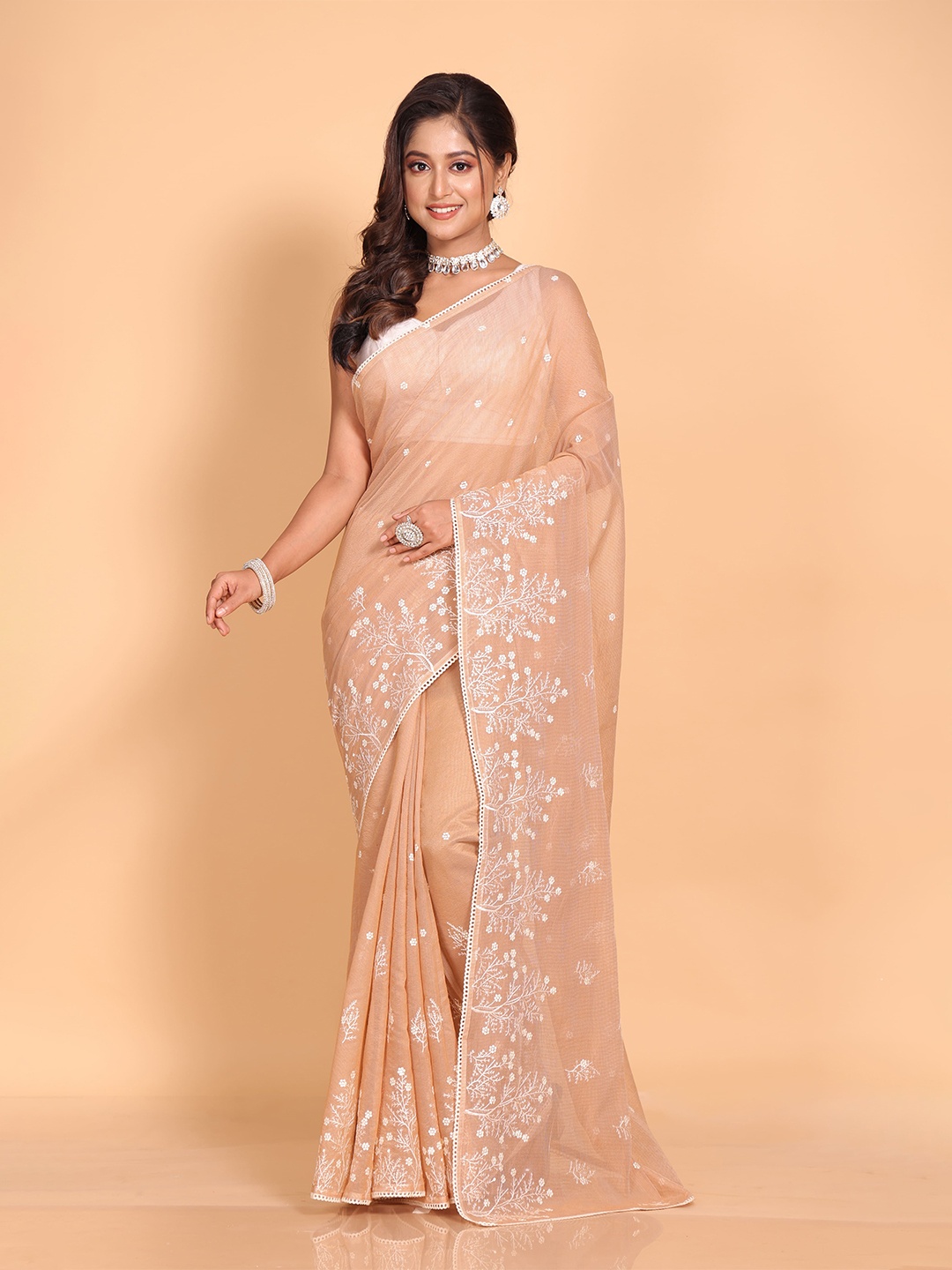 

Morchari Floral Embroidered Supernet Saree, Brown