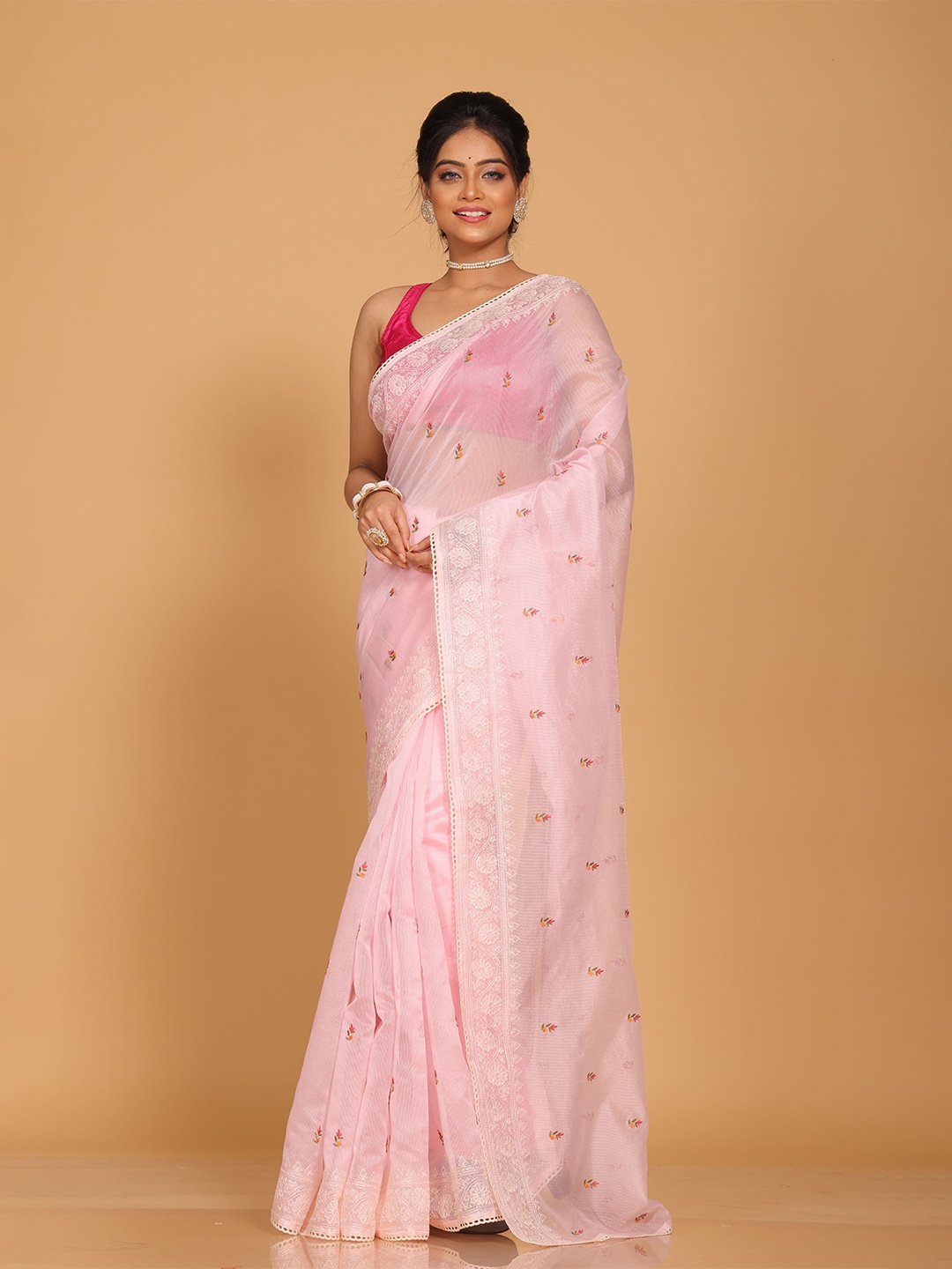 

Morchari Floral Embroidered Supernet Saree, Pink