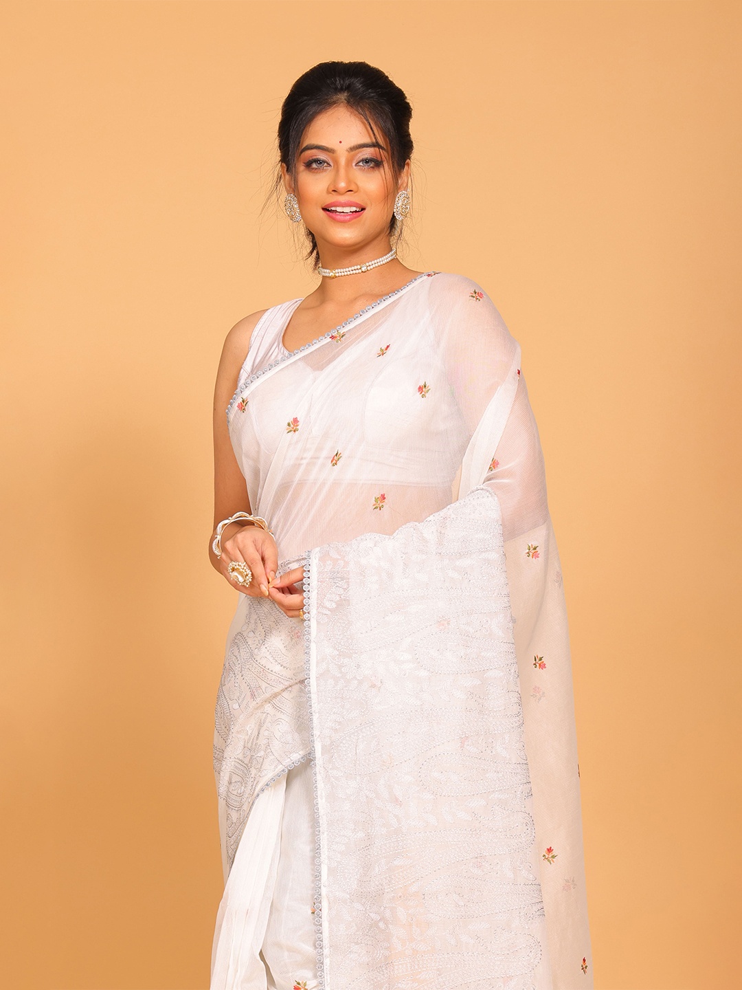 Morchari Floral Embroidered Supernet Saree, White