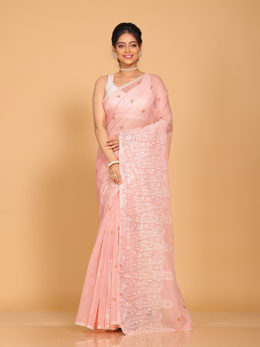Morchari Floral Embroidered Supernet Saree, Peach