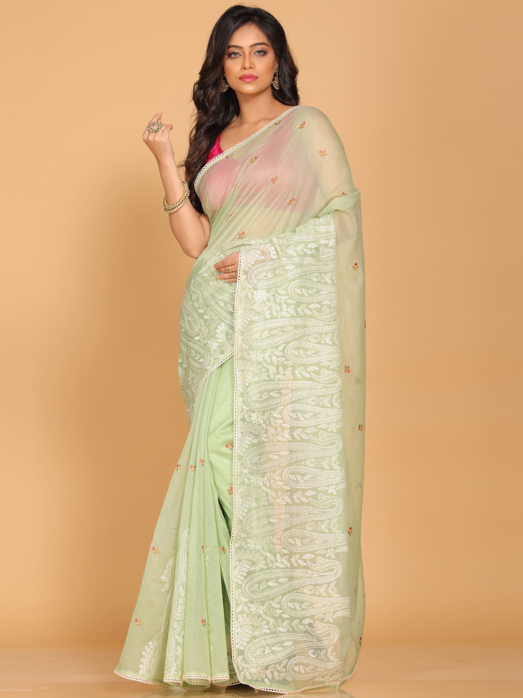 

Morchari Floral Supernet Saree, Green
