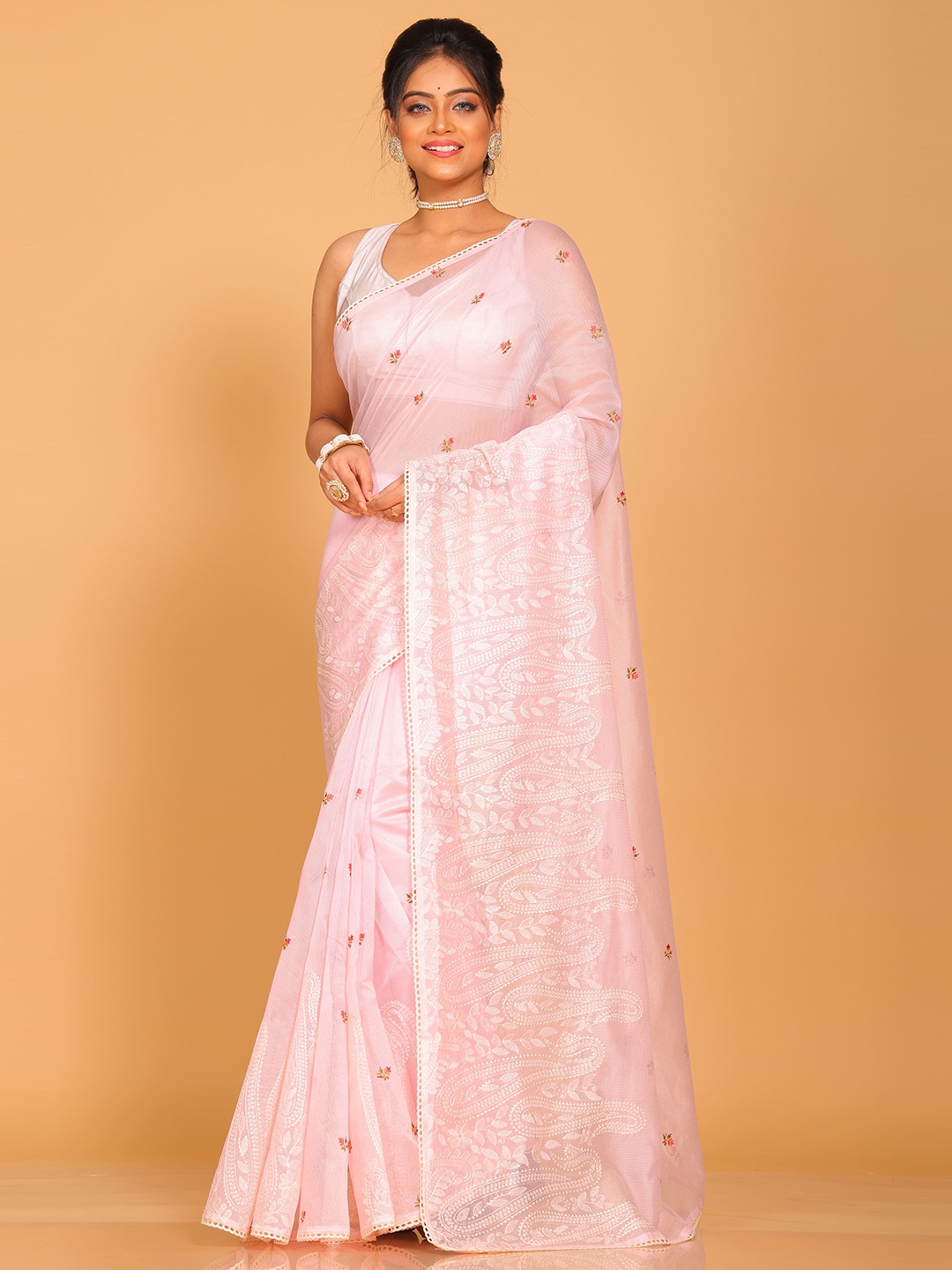 

Morchari Floral Embroidered Supernet Saree, Pink