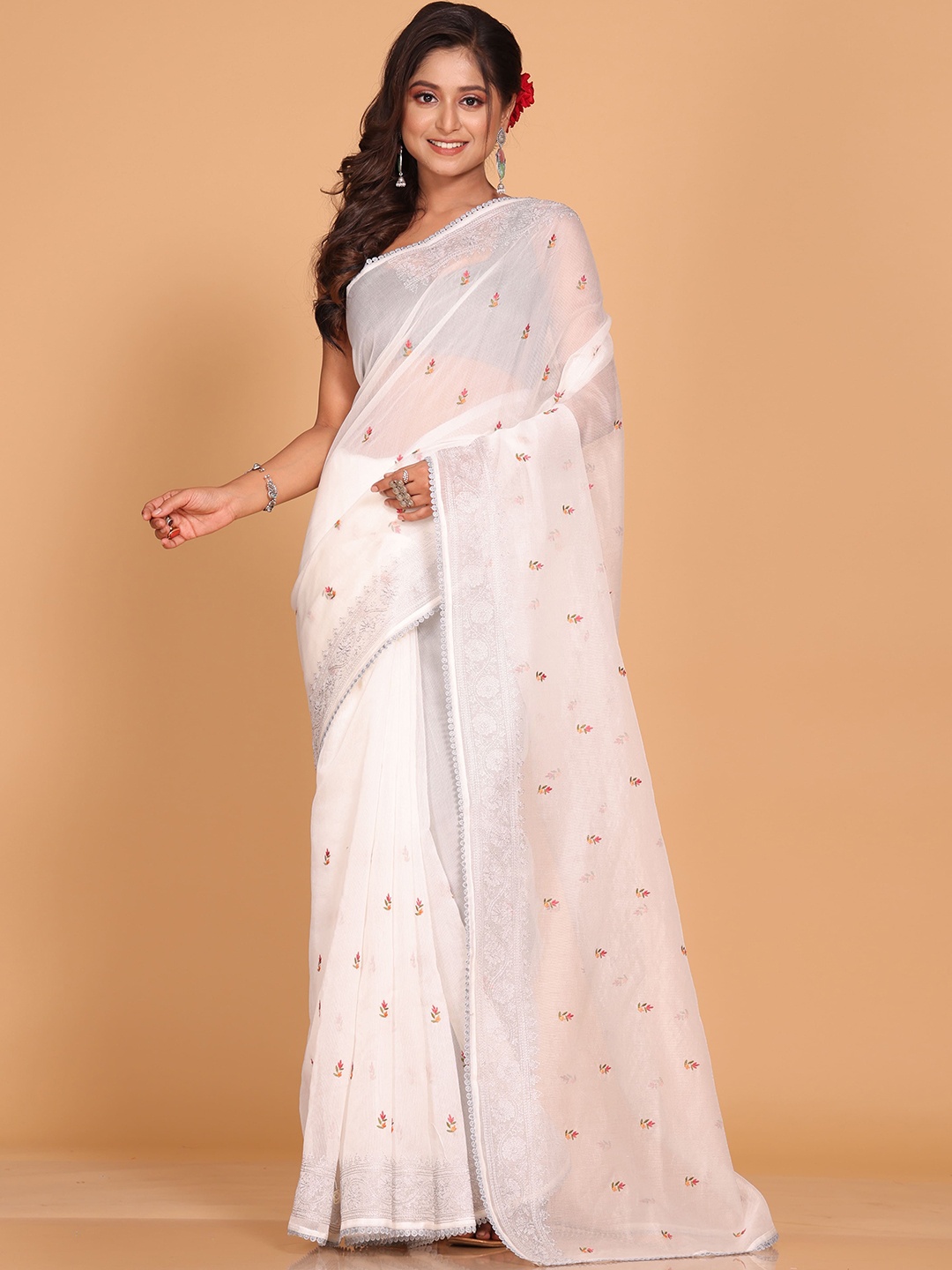 

Morchari Floral Embroidered Supernet Saree, White
