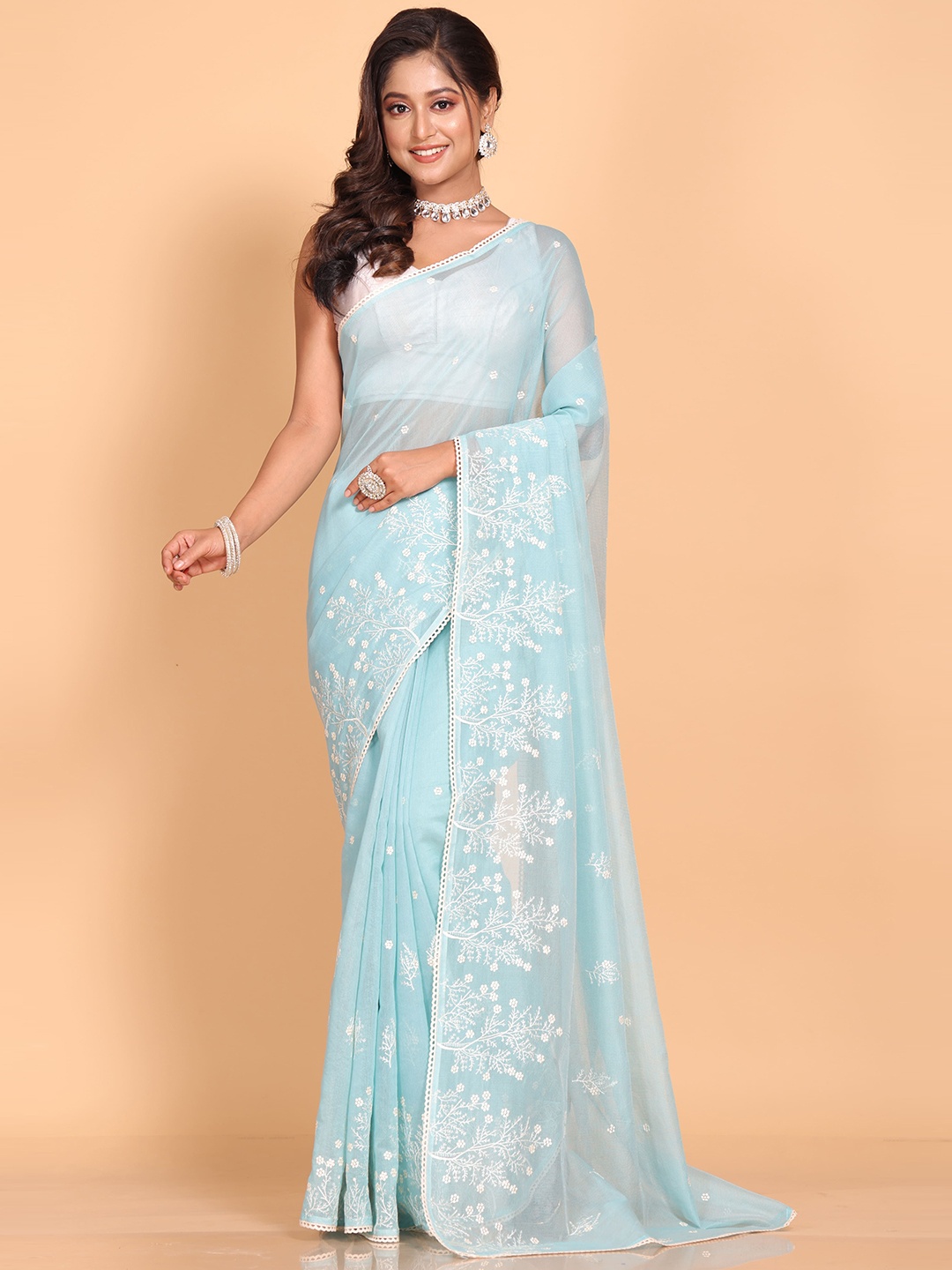 

Morchari Floral Embroidered Supernet Saree, Blue
