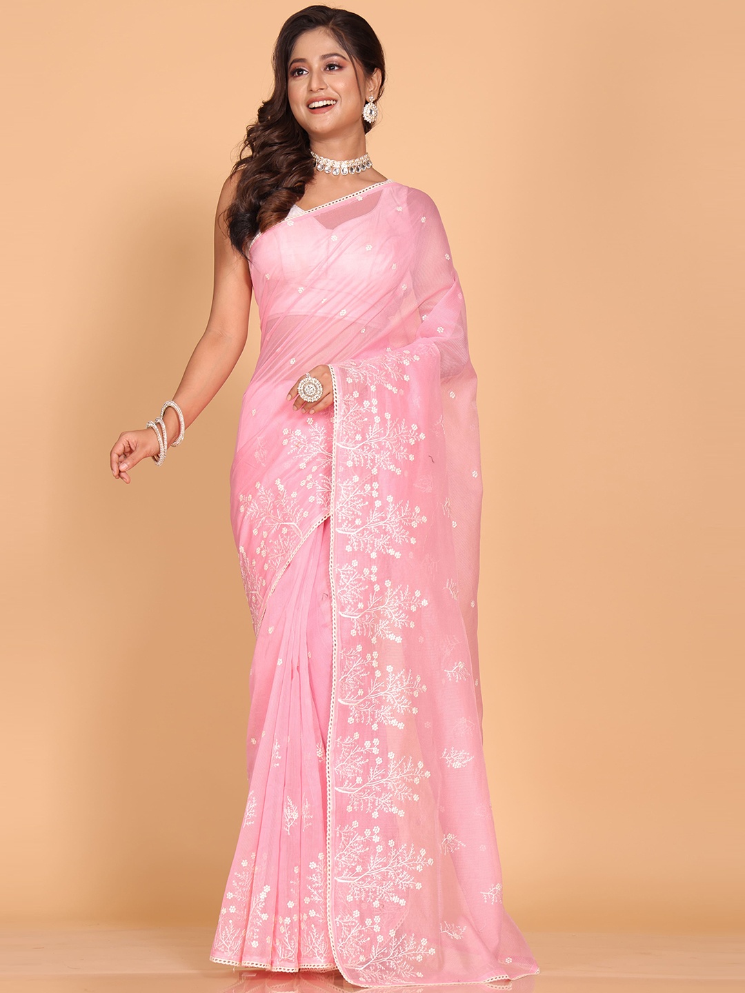 

Morchari Floral Embroidered Supernet Saree, Pink