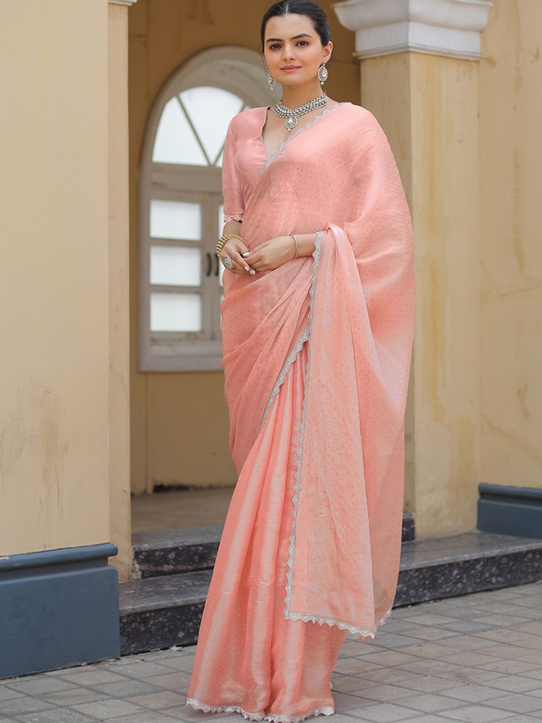 

AWRIYA Ethnic Motifs Beads and Stones Silk Blend Fusion Saree, Peach