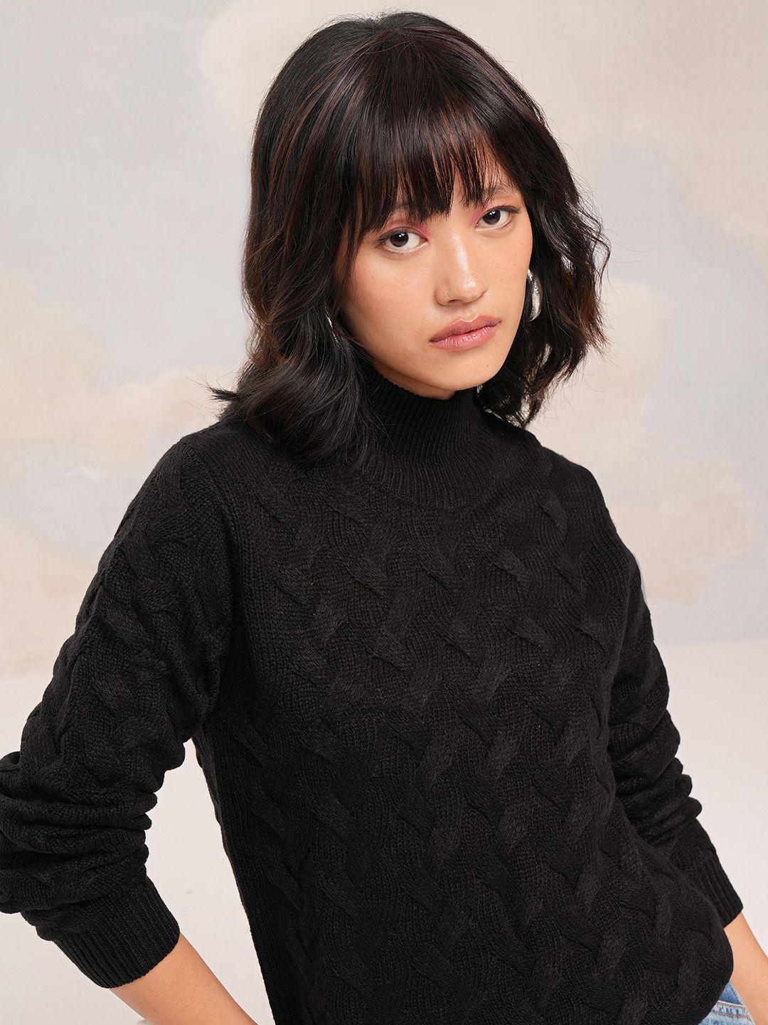 

Tokyo Talkies Women Cable Knit Pullover, Black