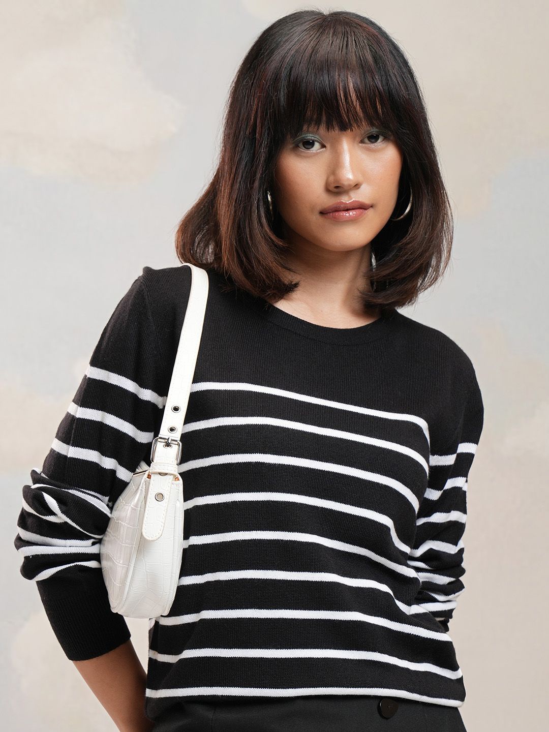 

Tokyo Talkies Women Striped Pullover, Black