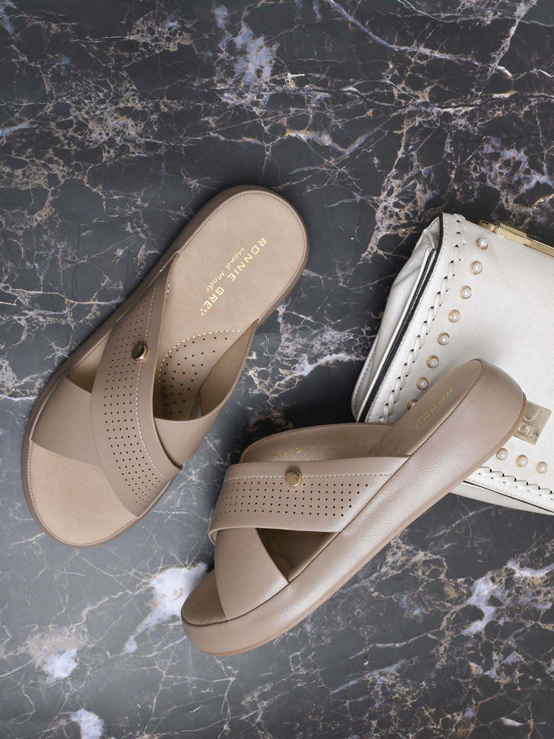 

Ronnie Grey Women Open Toe Flats with Laser Cuts, Khaki