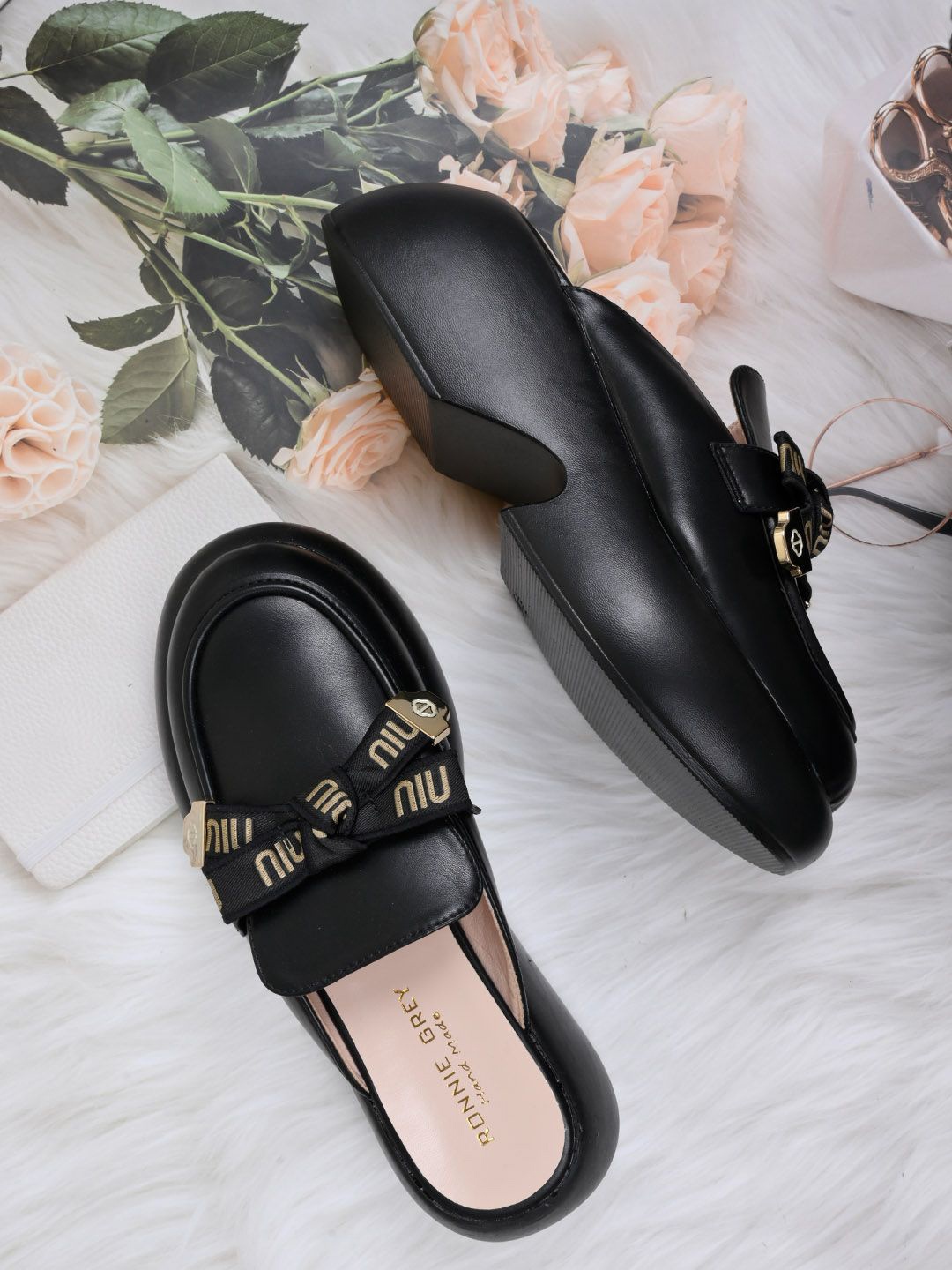 

Ronnie Grey Women Flatform Heel Mules With Bows, Black