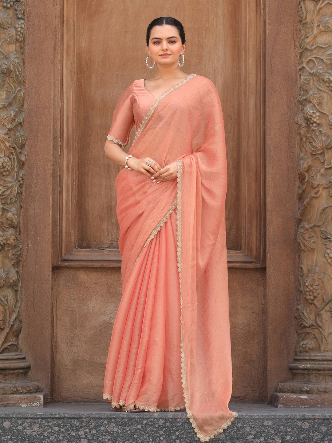 

Jinal & Jinal Embroidered Silk Blend Saree, Peach
