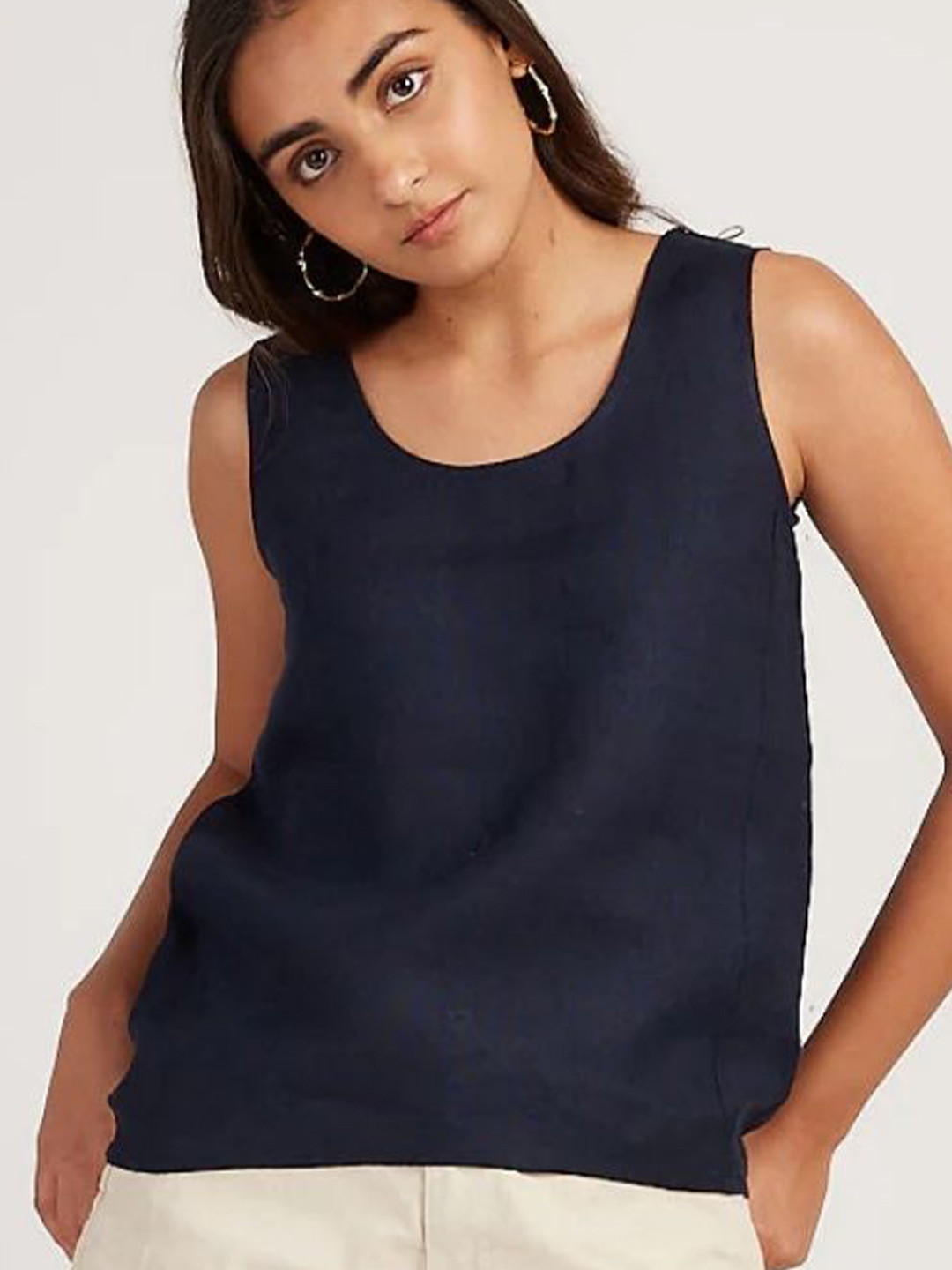 

Creatures of Habit Women Linen Round Neck Tank Top, Navy blue