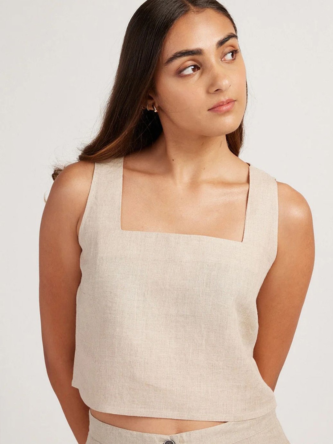 

Creatures of Habit Women Linen Crop Tank Top, Beige