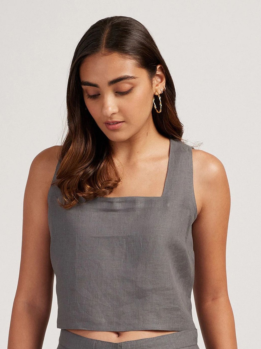 

Creatures of Habit Women Linen Crop Tank Top, Grey