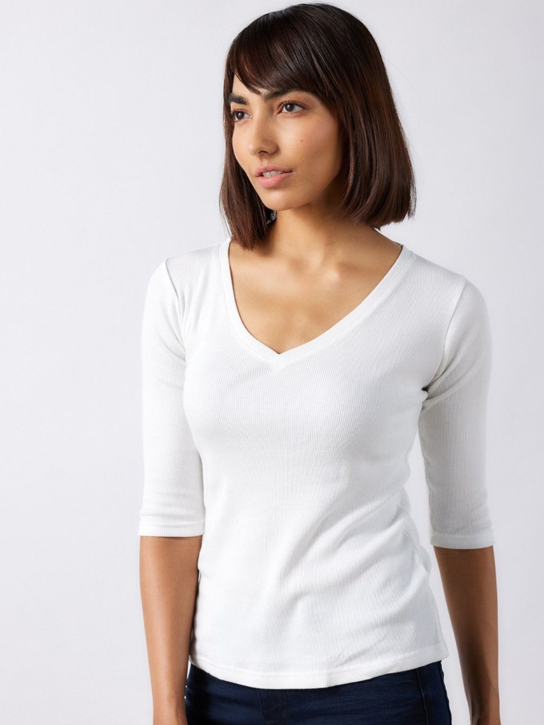 

Creatures of Habit Ribbed V-Neck Rib Top, White