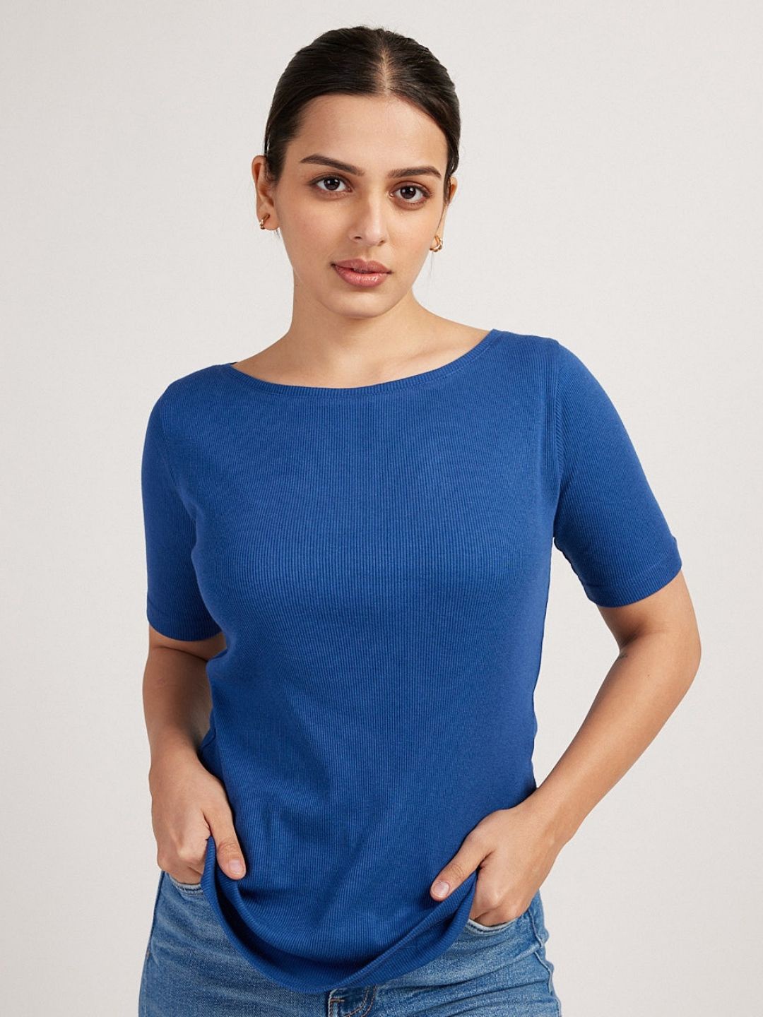 

Creatures of Habit Women Rib Boat Neck Short Sleeve Top, Blue
