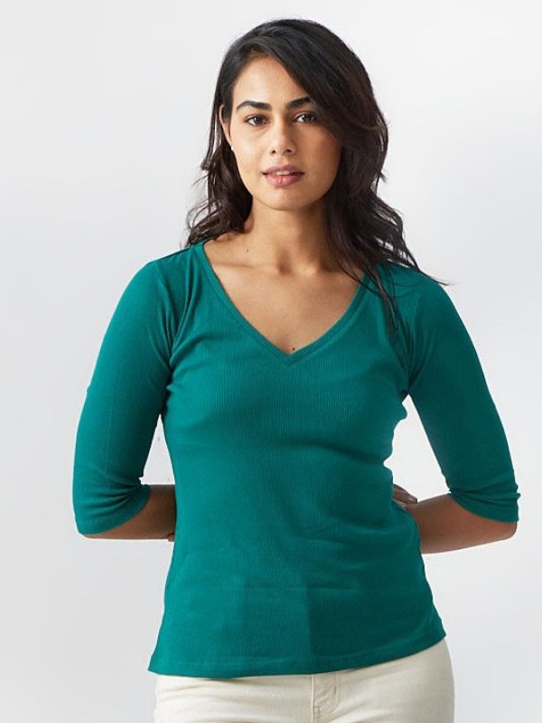 

Creatures of Habit Women Rib V Neck, Green