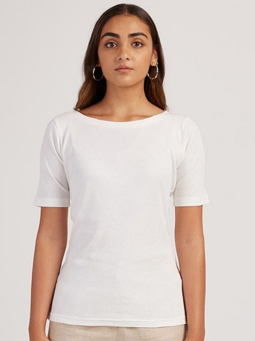 

Creatures of Habit Women Rib Boat Neck Short Sleeve Top, White