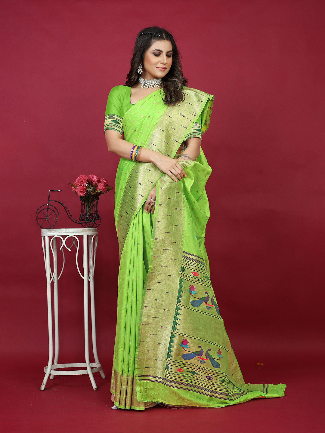 

LeeliPeeri Designer Woven Design Zari Silk Blend Paithani Saree, Lime green