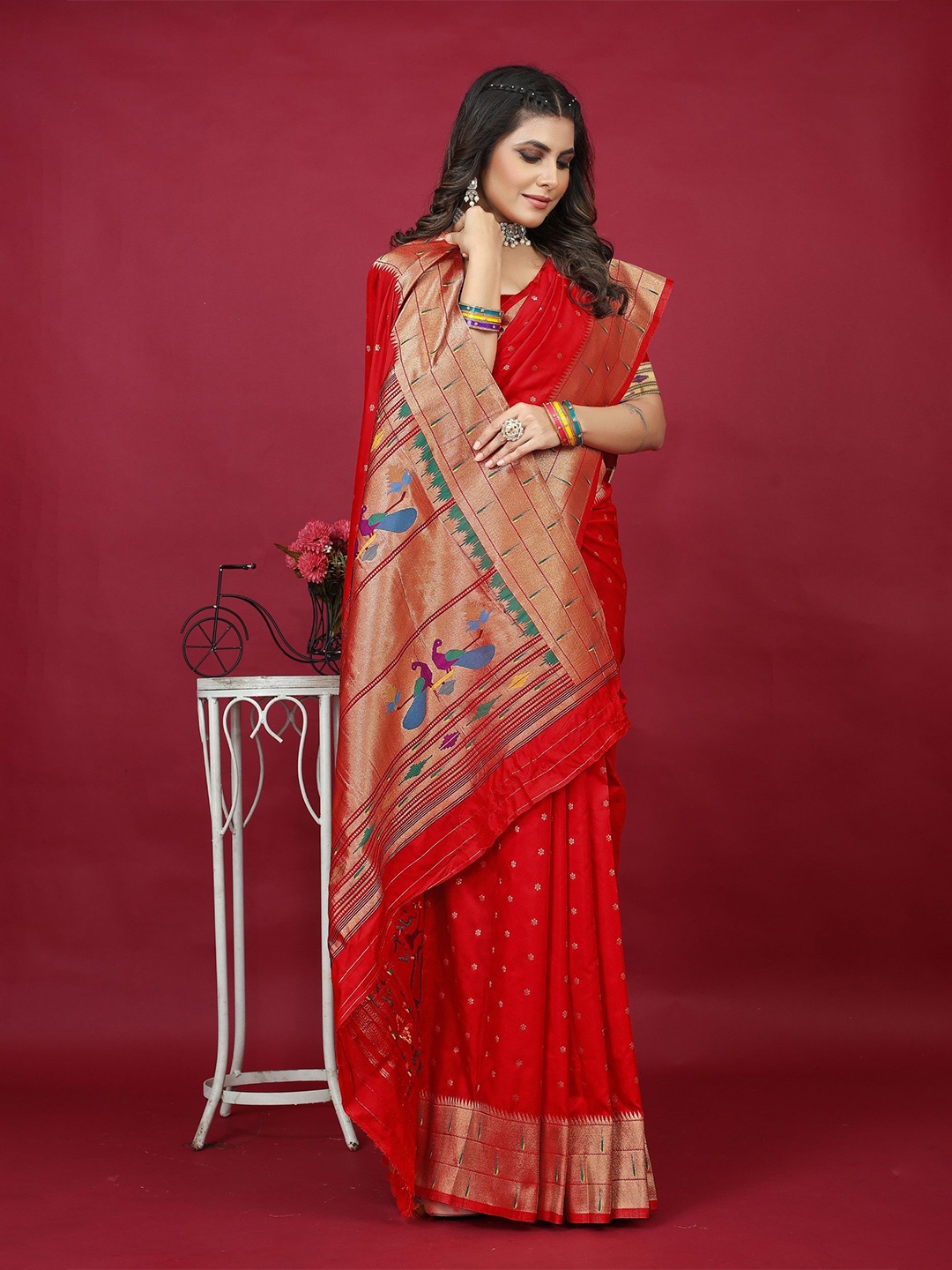 

LeeliPeeri Designer Woven Design Zari Silk Blend Paithani Saree, Red