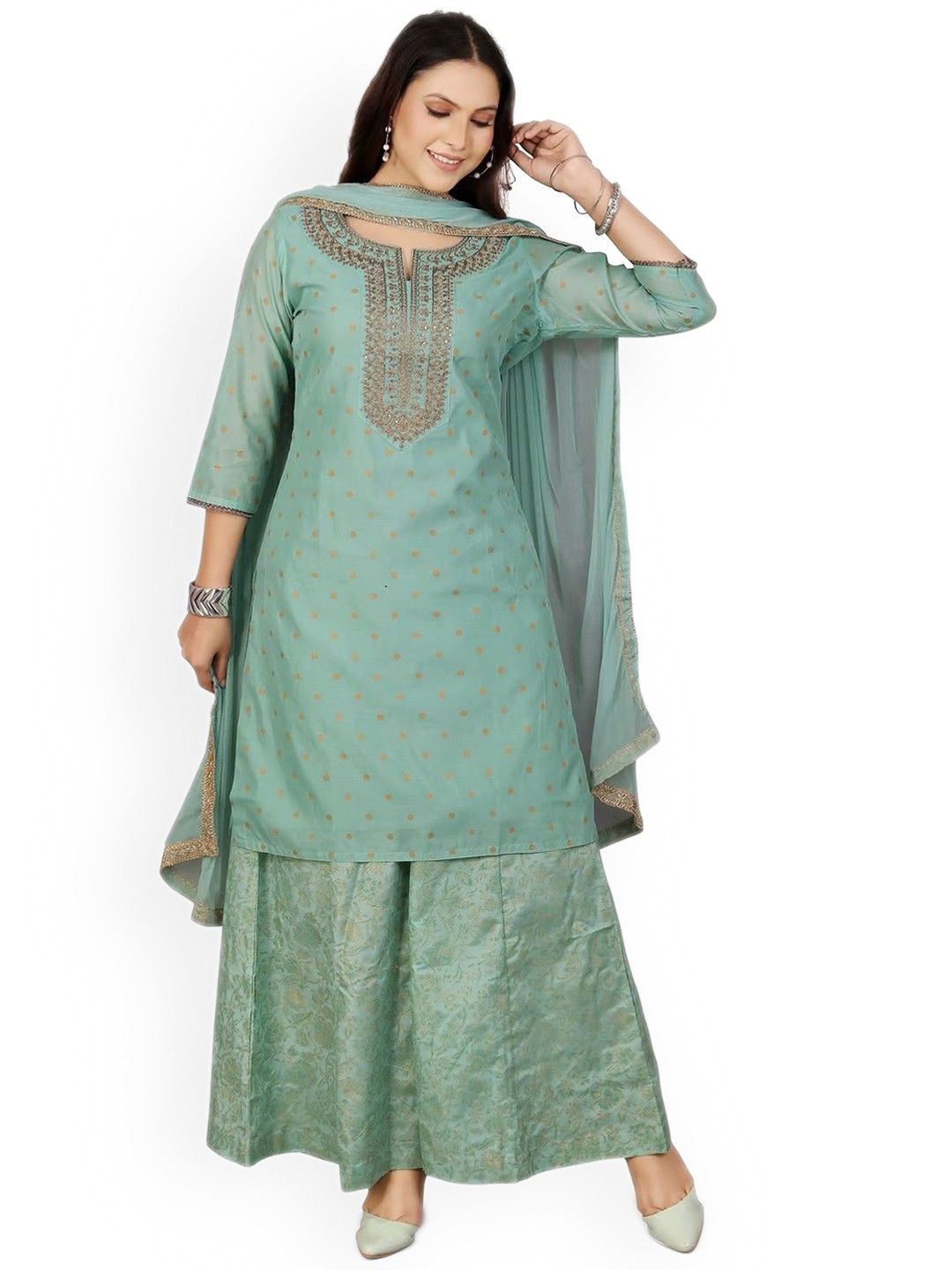 

COTTON CULTURE Women Embroidered Regular Sequinned Chanderi Cotton Kurta with Sharara & With Dupatta, Green