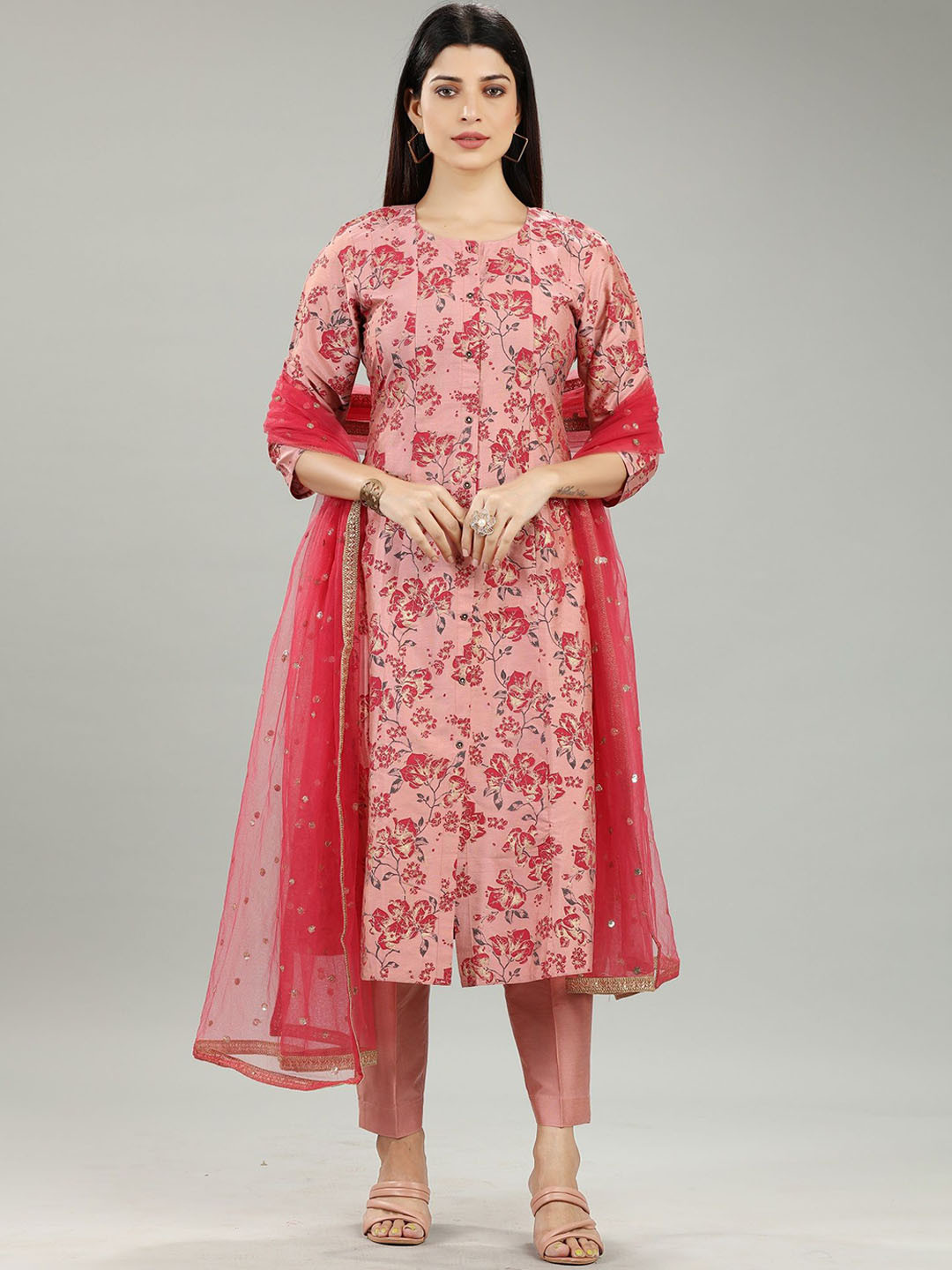 

COTTON CULTURE Women Floral Printed Regular Pure Cotton Kurta with Churidar & With Dupatta, Peach