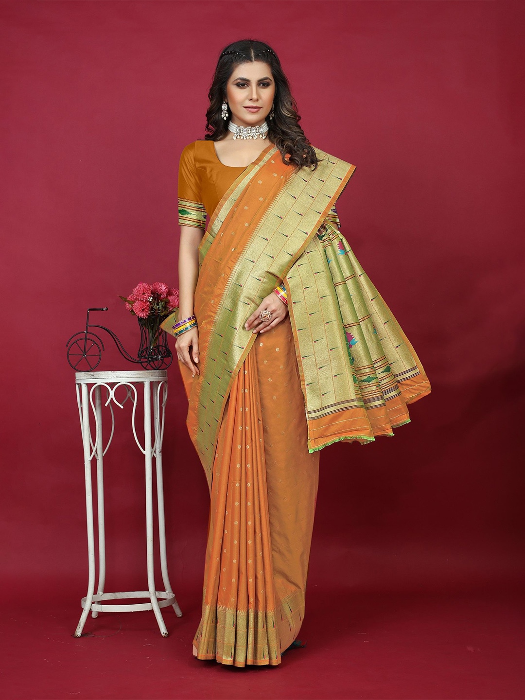 

LeeliPeeri Designer Woven Design Zari Silk Blend Paithani Saree, Orange