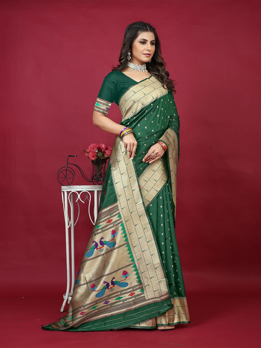 

LeeliPeeri Designer Woven Design Zari Silk Blend Paithani Saree, Green
