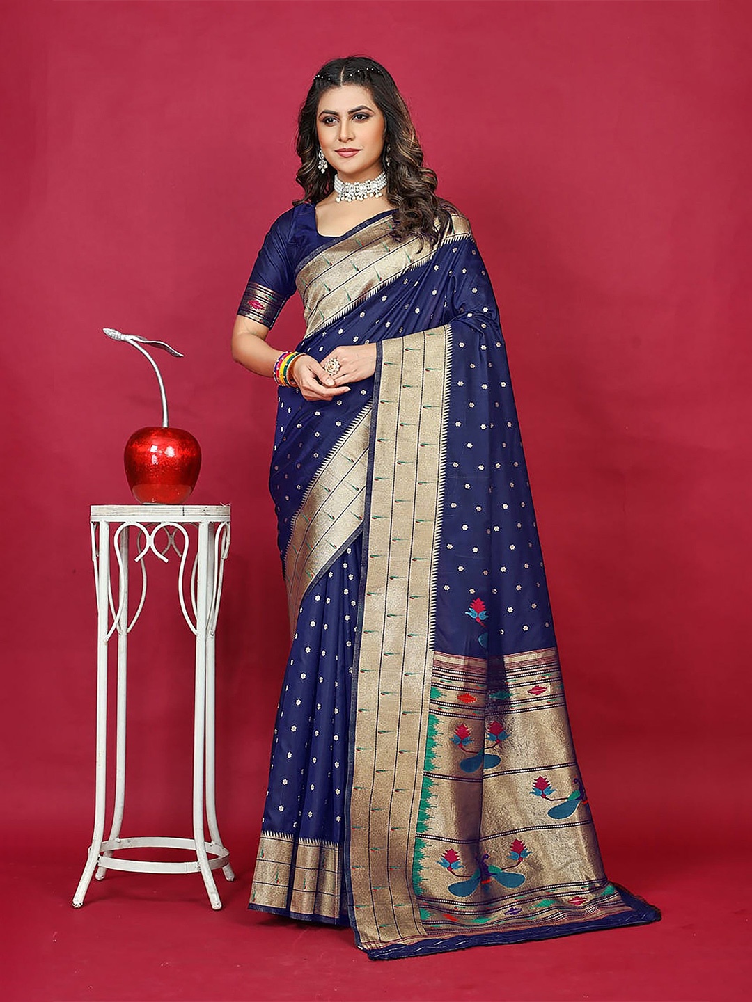 

LeeliPeeri Designer Woven Design Zari Silk Blend Paithani Saree, Navy blue