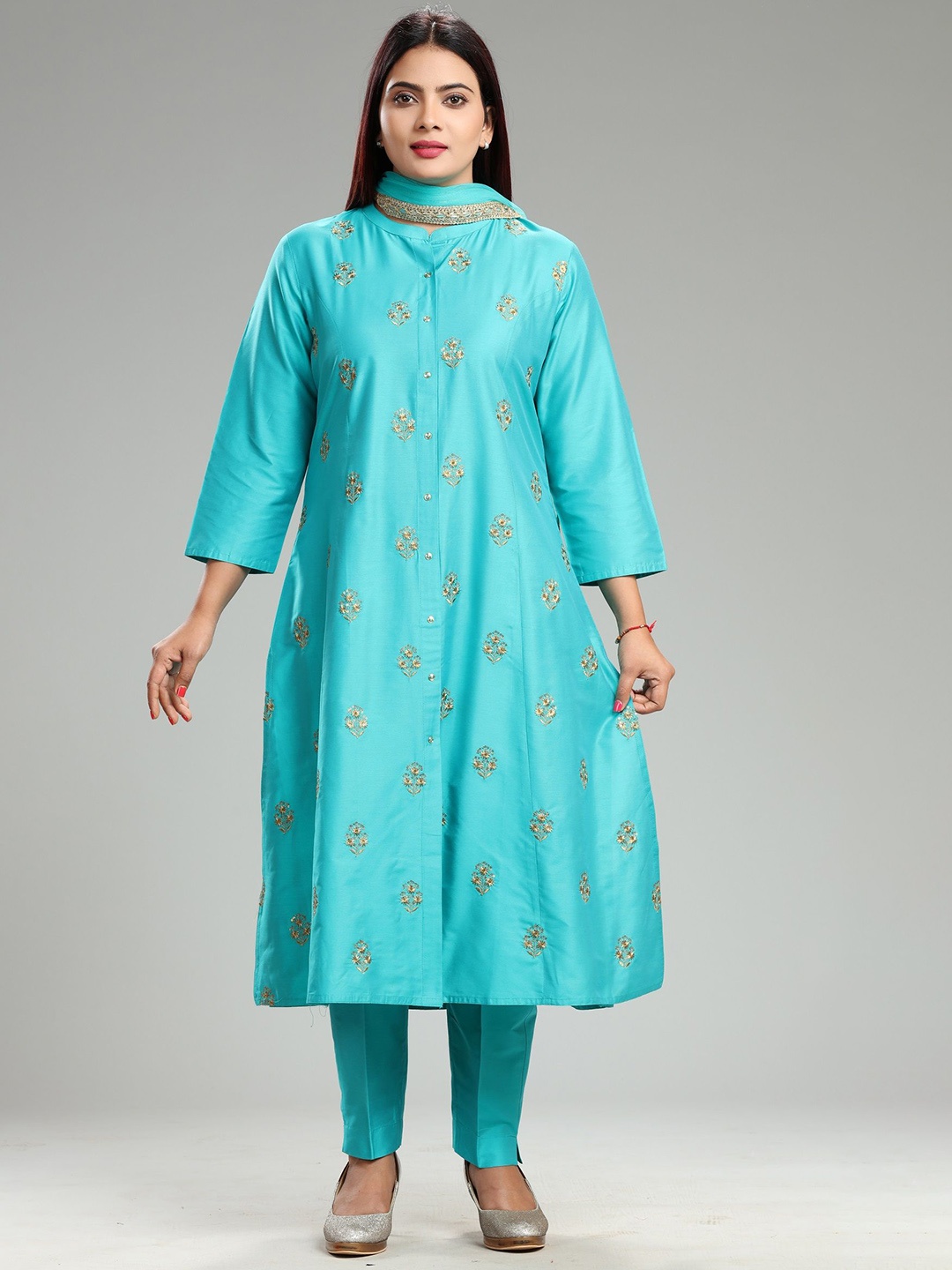 

COTTON CULTURE Women Floral Embroidered Regular Kurta with Trousers & With Dupatta, Teal