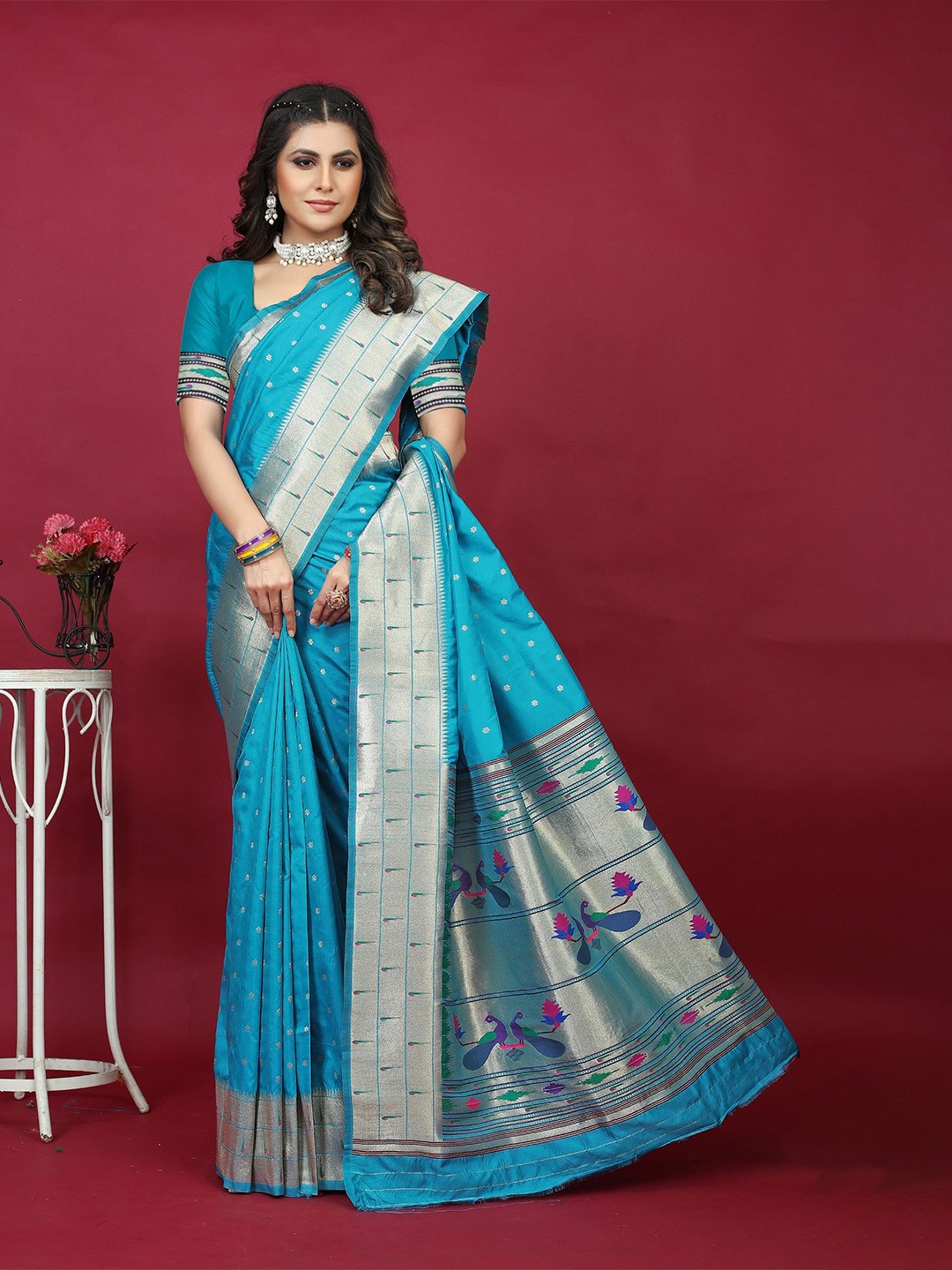 

LeeliPeeri Designer Woven Design Zari Silk Blend Paithani Saree, Blue