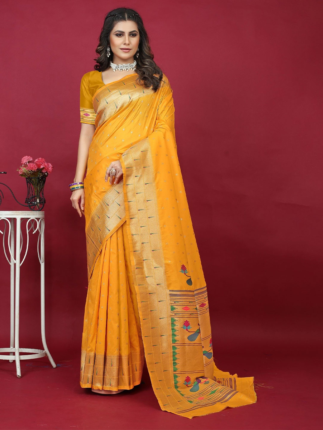 

LeeliPeeri Designer Woven Design Zari Silk Blend Paithani Saree, Yellow