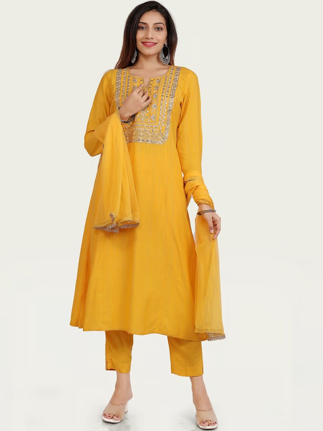 

COTTON CULTURE Women Floral Yoke Design Regular Sequinned Pure Cotton Kurta with Trousers & With Dupatta, Yellow