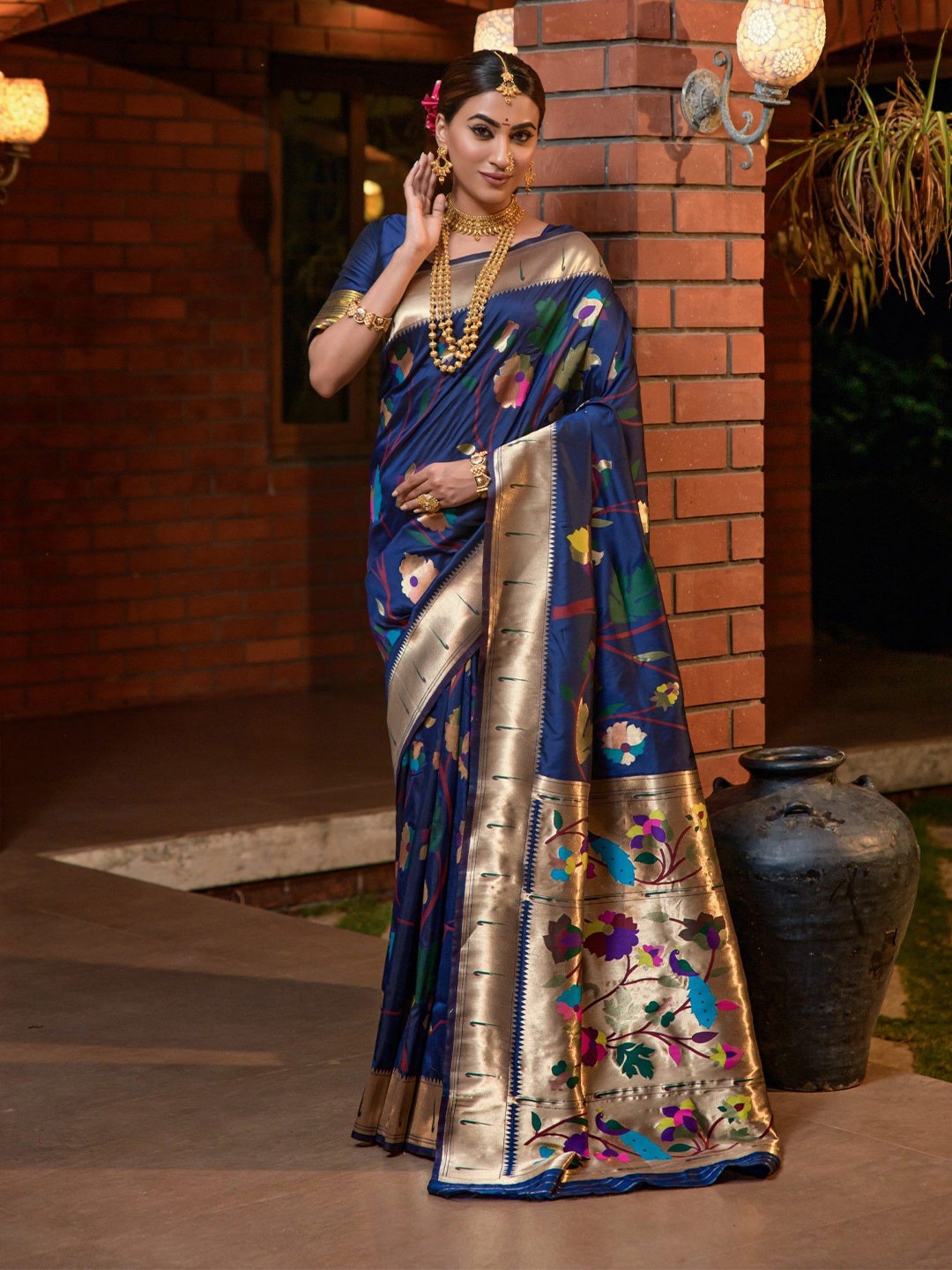 

LeeliPeeri Designer Woven Design Zari Silk Blend Paithani Saree, Navy blue