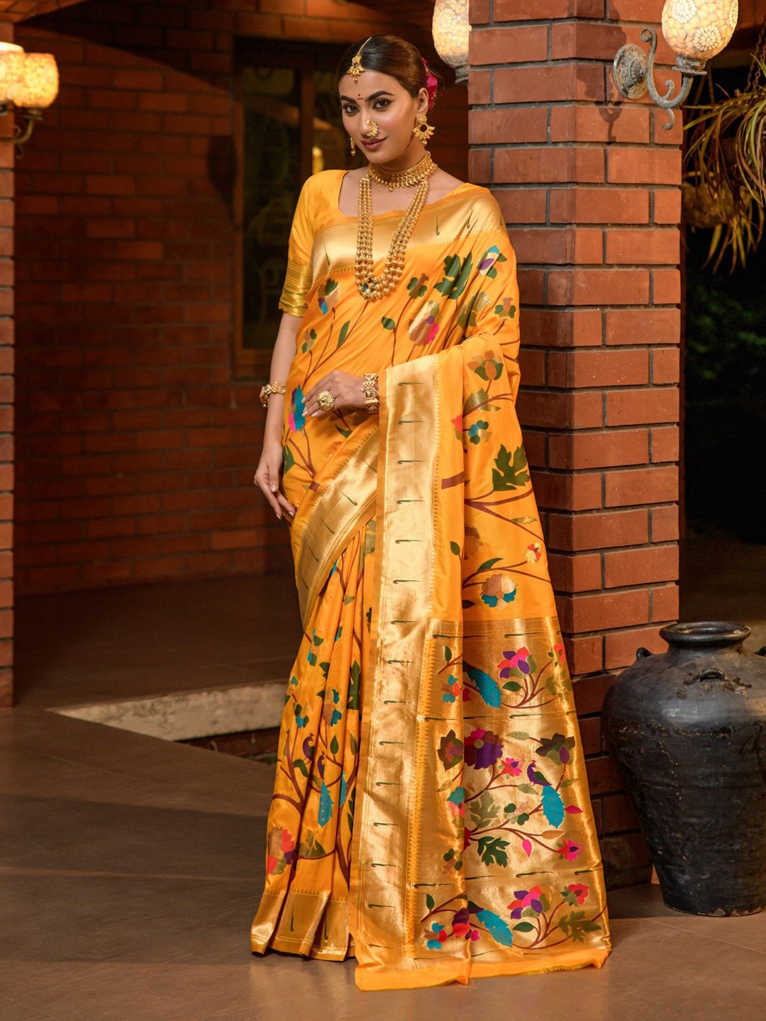 

LeeliPeeri Designer Woven Design Zari Silk Blend Paithani Saree, Yellow